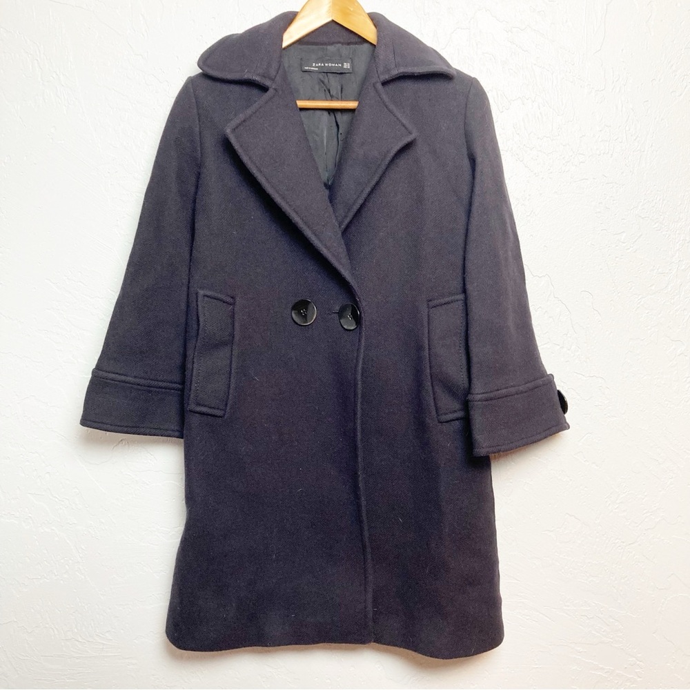 Zara Black Wool Artsy Pea Coat Jacket XS